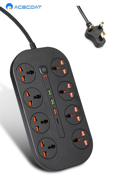 Power Strip fast charger with USB, 8 AC Outlets & 3 USB Ports (5V/5A) & 1 Type-C Ports，3000W/16A, QC3.0+ PD 20W- Multi Function USB PLUG, for Smartphone Tablet Laptop Computer Multiple Devices