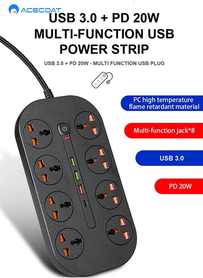 ACECOAT - Power Strip fast charger with USB, 8 AC Outlets & 3 USB Ports (5V/5A) & 1 Type-C Ports，3000W/16A, QC3.0+ PD 20W- Multi Function USB PLUG, for Smartphone Tablet Laptop Computer Multiple Devices - Image 1