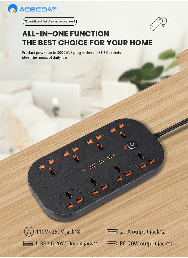 ACECOAT - Power Strip fast charger with USB, 8 AC Outlets & 3 USB Ports (5V/5A) & 1 Type-C Ports，3000W/16A, QC3.0+ PD 20W- Multi Function USB PLUG, for Smartphone Tablet Laptop Computer Multiple Devices - Image 1