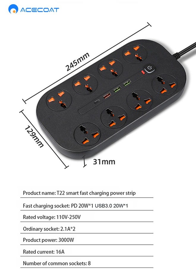 ACECOAT - Power Strip fast charger with USB, 8 AC Outlets & 3 USB Ports (5V/5A) & 1 Type-C Ports，3000W/16A, QC3.0+ PD 20W- Multi Function USB PLUG, for Smartphone Tablet Laptop Computer Multiple Devices - Image 1
