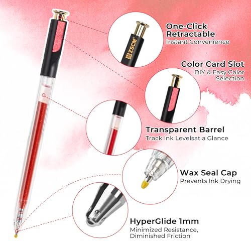 ZSCM Retractable Glitter Gel Pens, 12 Colors Large Capacity Red Pink Glitter Metallic Gel Ink Pens, 1 mm Fine Point Smooth Writing Color Pens for Adult Coloring Book Note Taking Aesthetic Art Supplies - Image 2