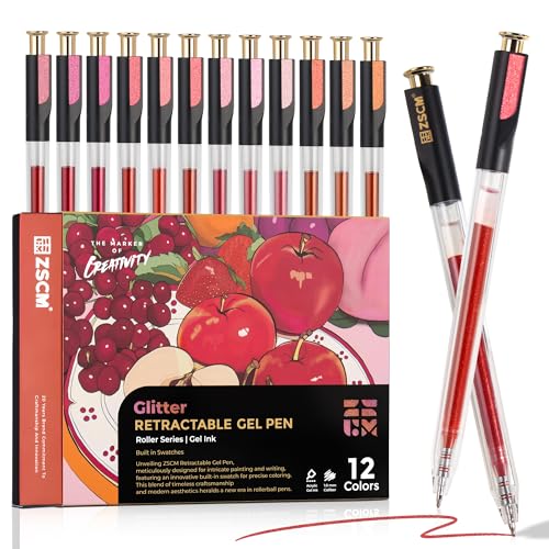 ZSCM Retractable Glitter Gel Pens, 12 Colors Large Capacity Red Pink Glitter Metallic Gel Ink Pens, 1 mm Fine Point Smooth Writing Color Pens for Adult Coloring Book Note Taking Aesthetic Art Supplies - Image 1