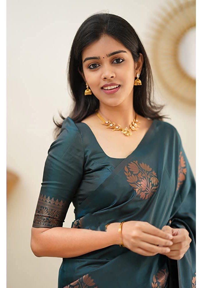 Sidhidata Textile Women's Banarasi Soft Silk Saree with Unstitched Blouse Piece - Rama Color - Image 4