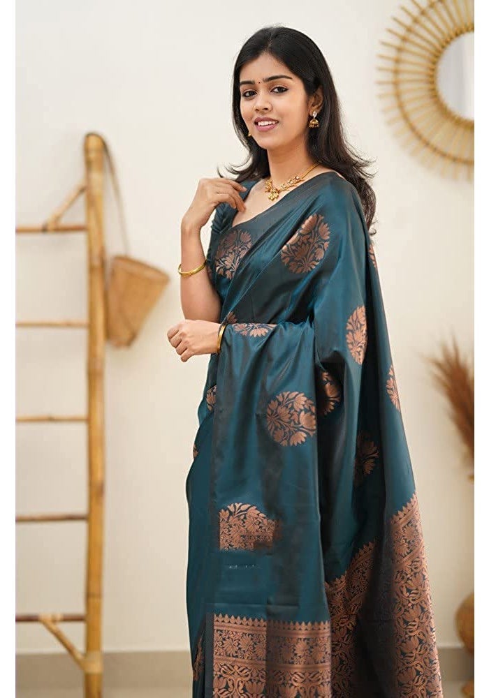 Sidhidata Textile Women's Banarasi Soft Silk Saree with Unstitched Blouse Piece - Rama Color - Image 3