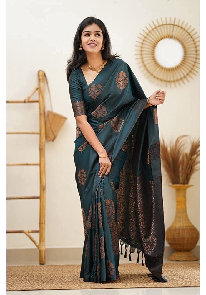 Sidhidata Textile Women's Banarasi Soft Silk Saree with Unstitched Blouse Piece - Rama Color - Image 5