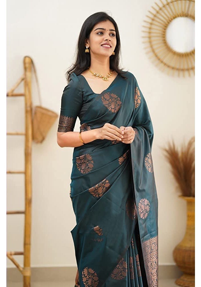 Sidhidata Textile Women's Banarasi Soft Silk Saree with Unstitched Blouse Piece - Rama Color - Image 2