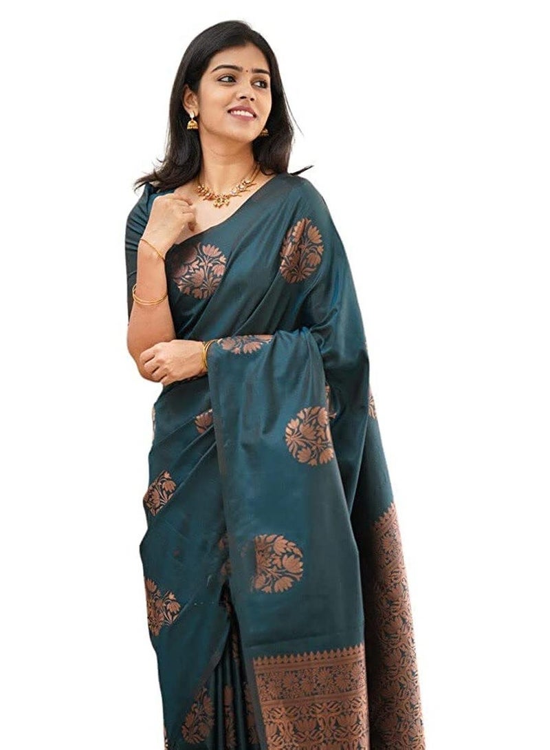 Sidhidata Textile Women's Banarasi Soft Silk Saree with Unstitched Blouse Piece - Rama Color - Image 1
