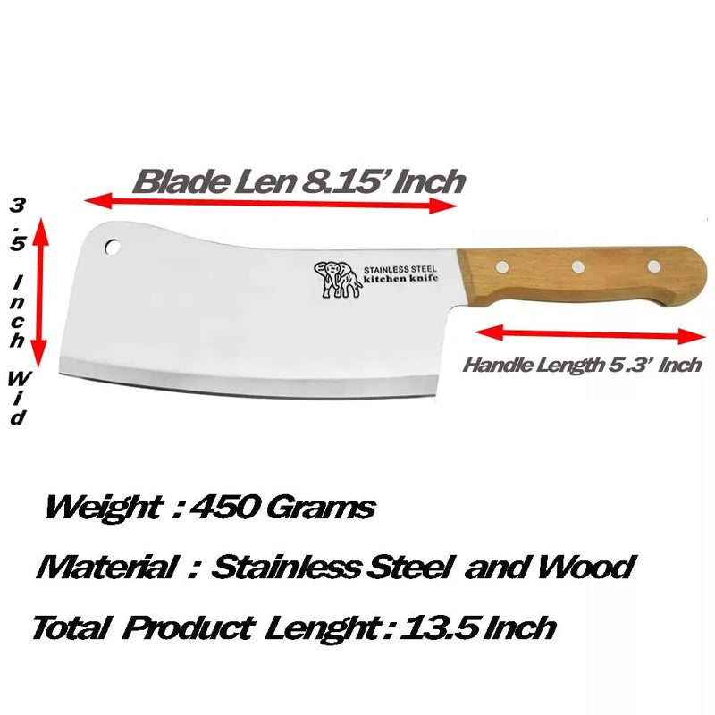 Shruthi مجموعة سكاكين مطبخ صديقة للبيئة شروتي - سكين تقطيع خشبي كبير، سكين جزار، سكين تقطيع اللحم، لوح تقطيع خشبي، سكين من الفولاذ المقاوم للصدأ بسمك 8 بوصات - Image 5