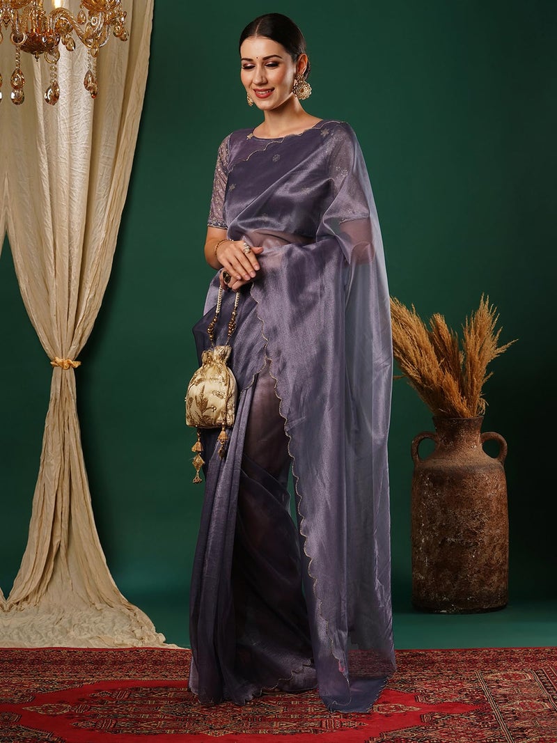 Satrani Women's Shimmer Net Embroidery And Scalloped Border Saree with Unstitched Blouse Piece (3899S446N_Mauve) - Image 2