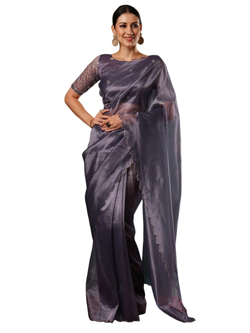 Satrani Women's Shimmer Net Embroidery And Scalloped Border Saree with Unstitched Blouse Piece (3899S446N_Mauve) - Image 1