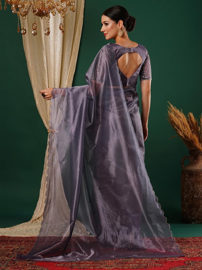 Satrani Women's Shimmer Net Embroidery And Scalloped Border Saree with Unstitched Blouse Piece (3899S446N_Mauve) - Image 3
