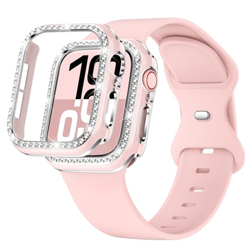 XYF Compatible for Pink Apple Watch Bands 42mm Series 11 10 Women with Bumper Case, Soft Silicone Strap Glitter Bling Face Cover for iWatch SE Ultra 3 2 Series 11 10 9 8 7 6 5 4 3 2 1 (Pinksand, 42/S11) - Image 1