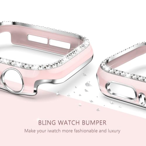 XYF Compatible for Pink Apple Watch Bands 42mm Series 11 10 Women with Bumper Case, Soft Silicone Strap Glitter Bling Face Cover for iWatch SE Ultra 3 2 Series 11 10 9 8 7 6 5 4 3 2 1 (Pinksand, 42/S11) - Image 4