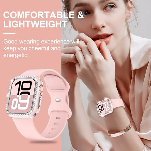 XYF Compatible for Pink Apple Watch Bands 42mm Series 11 10 Women with Bumper Case, Soft Silicone Strap Glitter Bling Face Cover for iWatch SE Ultra 3 2 Series 11 10 9 8 7 6 5 4 3 2 1 (Pinksand, 42/S11) - Image 5