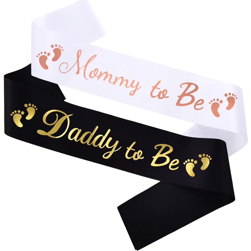 MUMUNN 2PCS Mommy To Be Daddy To Be Baby Shower Sash Baby Shower Party Gifts for New Mom Dad Gender Reveal Supplies Decorations Favors White Gold - Image 3