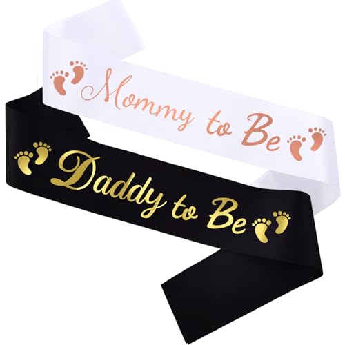 MUMUNN 2PCS Mommy To Be Daddy To Be Baby Shower Sash Baby Shower Party Gifts for New Mom Dad Gender Reveal Supplies Decorations Favors White Gold - Image 1