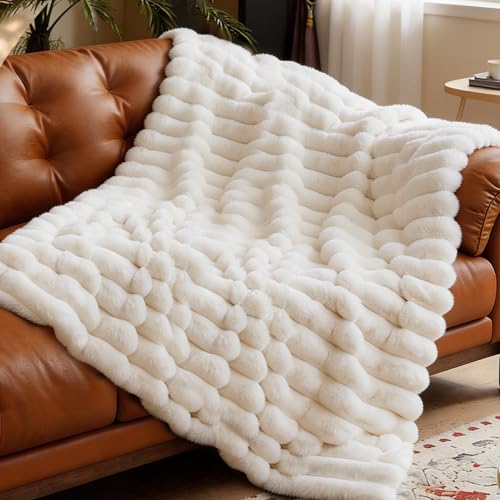 VFROO Faux Fur Throw Blanket for Couch,Cozy Soft Plush Thick Striped Luxury Blanket for Sofa Living Room Bedroom,50 * 60 Inches, White - Image 1