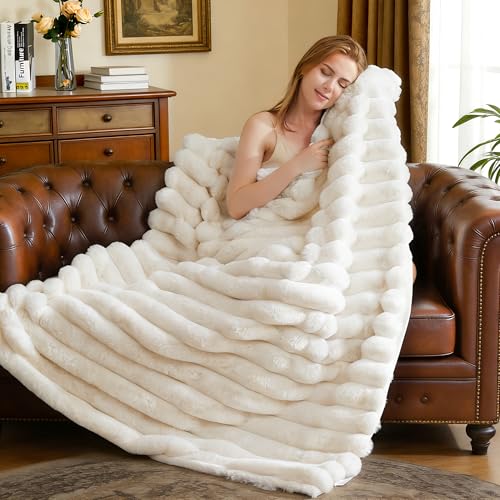 VFROO Faux Fur Throw Blanket for Couch,Cozy Soft Plush Thick Striped Luxury Blanket for Sofa Living Room Bedroom,50 * 60 Inches, White - Image 2