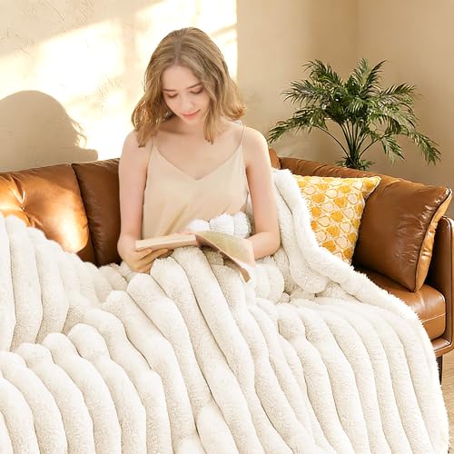 VFROO Faux Fur Throw Blanket for Couch,Cozy Soft Plush Thick Striped Luxury Blanket for Sofa Living Room Bedroom,50 * 60 Inches, White - Image 3
