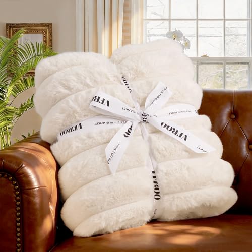 VFROO Faux Fur Throw Blanket for Couch,Cozy Soft Plush Thick Striped Luxury Blanket for Sofa Living Room Bedroom,50 * 60 Inches, White - Image 4