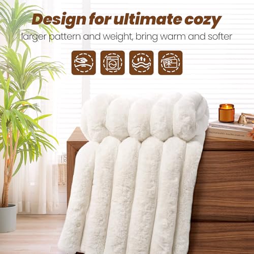 VFROO Faux Fur Throw Blanket for Couch,Cozy Soft Plush Thick Striped Luxury Blanket for Sofa Living Room Bedroom,50 * 60 Inches, White - Image 5