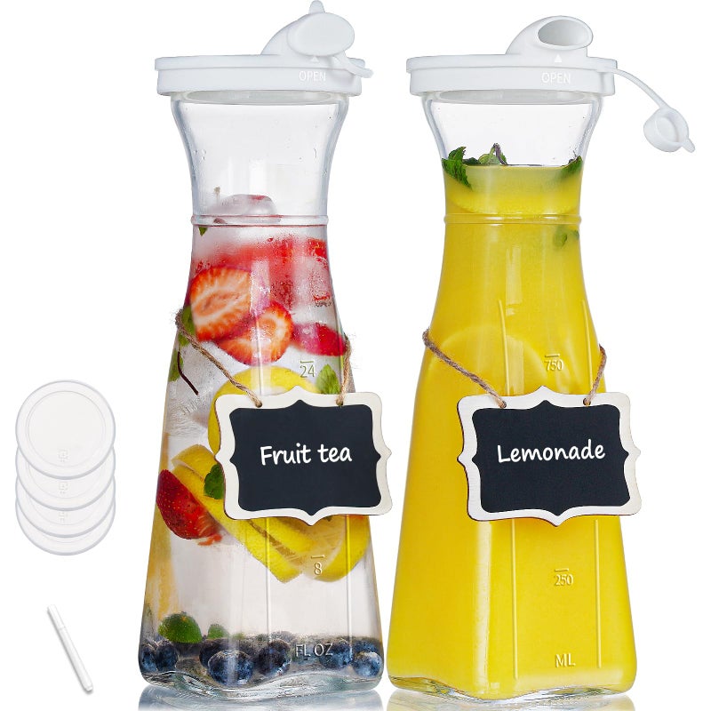 Glass Pitcher 1 Liter Carafe for Mimosa Bar 2 Pcs Square Pitcher with Lid and Spout Juice Container for Fridge Cold Brew Milk Water Dispenser Tea Creamer Sangria 3 Lids  2 Spouts