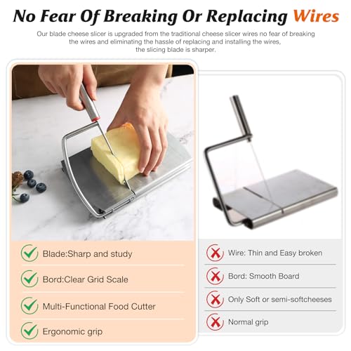 DGLOZE Cheese Slicer Cutter, Stainless Steel Cheese Cutter Board with Blade for Block Cheese, Vegetables, Butter, Sausages, Bread - Image 3