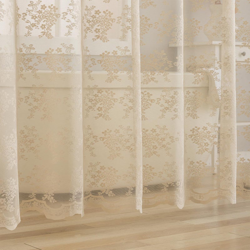TUDECO Lace Beige Shower Curtain with Valance- Farmhouse Boho Sheer Floral Neutral Shower Curtain for Bathroom, Antique Scalloped Edges Tan Decorative Grandma Core Decor, 1 Panel, 72 x 72 Inch - Image 5