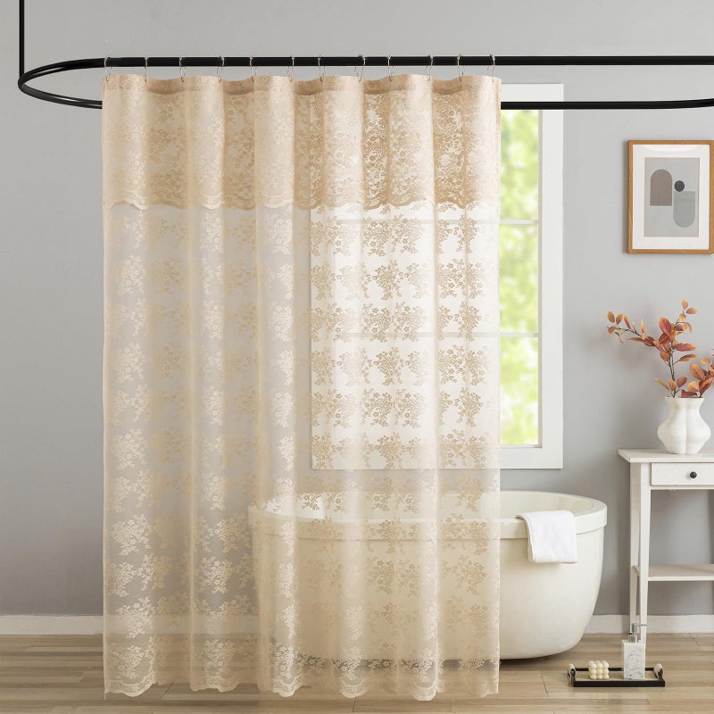 TUDECO Lace Beige Shower Curtain with Valance- Farmhouse Boho Sheer Floral Neutral Shower Curtain for Bathroom, Antique Scalloped Edges Tan Decorative Grandma Core Decor, 1 Panel, 72 x 72 Inch - Image 1