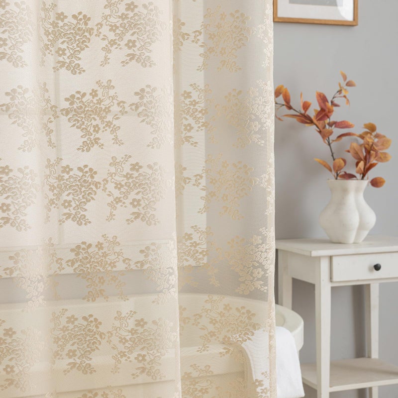 TUDECO Lace Beige Shower Curtain with Valance- Farmhouse Boho Sheer Floral Neutral Shower Curtain for Bathroom, Antique Scalloped Edges Tan Decorative Grandma Core Decor, 1 Panel, 72 x 72 Inch - Image 4
