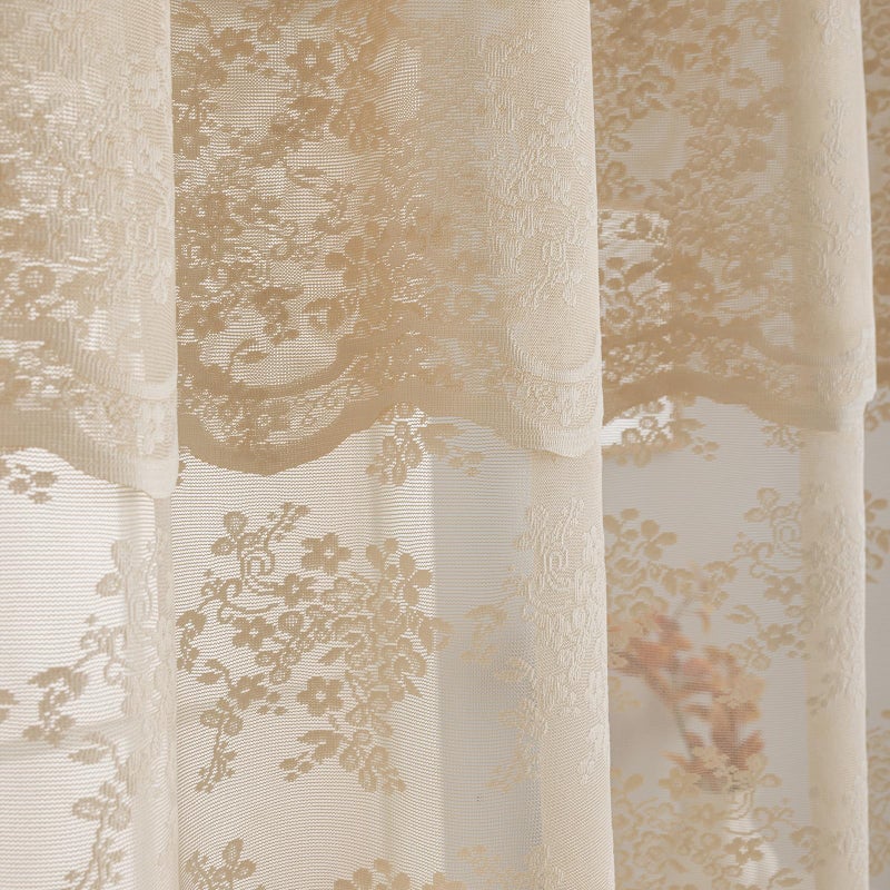 TUDECO Lace Beige Shower Curtain with Valance- Farmhouse Boho Sheer Floral Neutral Shower Curtain for Bathroom, Antique Scalloped Edges Tan Decorative Grandma Core Decor, 1 Panel, 72 x 72 Inch - Image 3