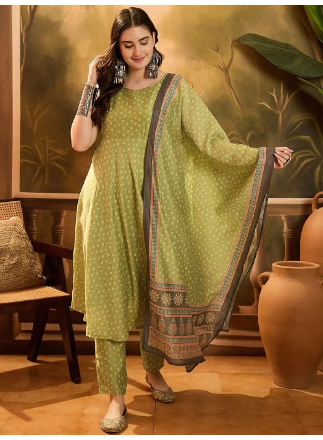 AKS Green Bandhani Chanderi Anarkali Kurta Set - Image 1