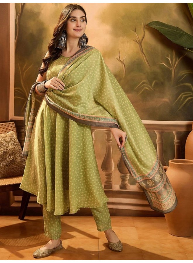 AKS Green Bandhani Chanderi Anarkali Kurta Set - Image 4