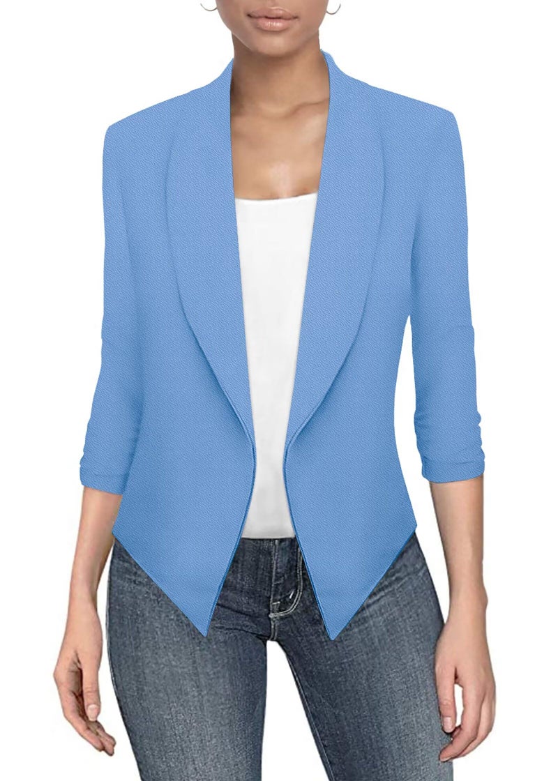 Hybrid & Company Hybrid Company Womens Casual Work Office Open Front Blazer Jacket with 34 Scrunch Sleeves JK1133 BLUE L