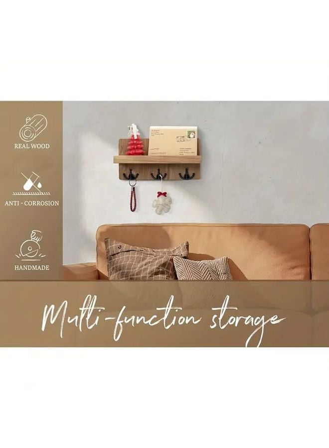 Light Brown Farmhouse Key Holder Wall Mount With Shelf And 3 Hooks Rustic Entryway Decor - Image 5