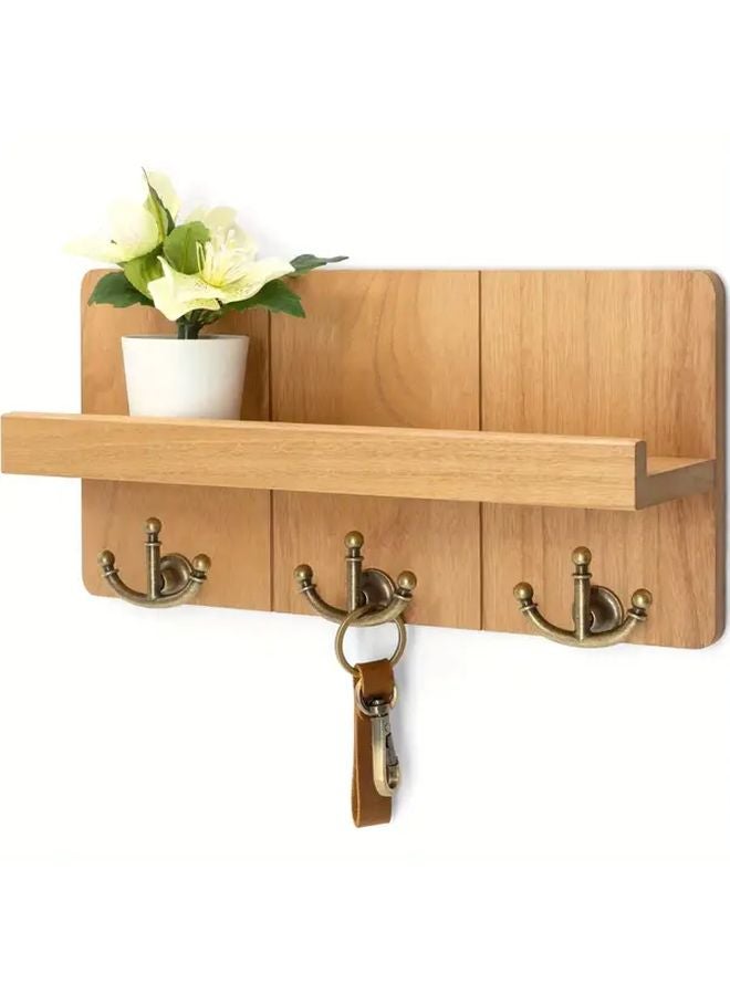 Light Brown Farmhouse Key Holder Wall Mount With Shelf And 3 Hooks Rustic Entryway Decor - Image 1