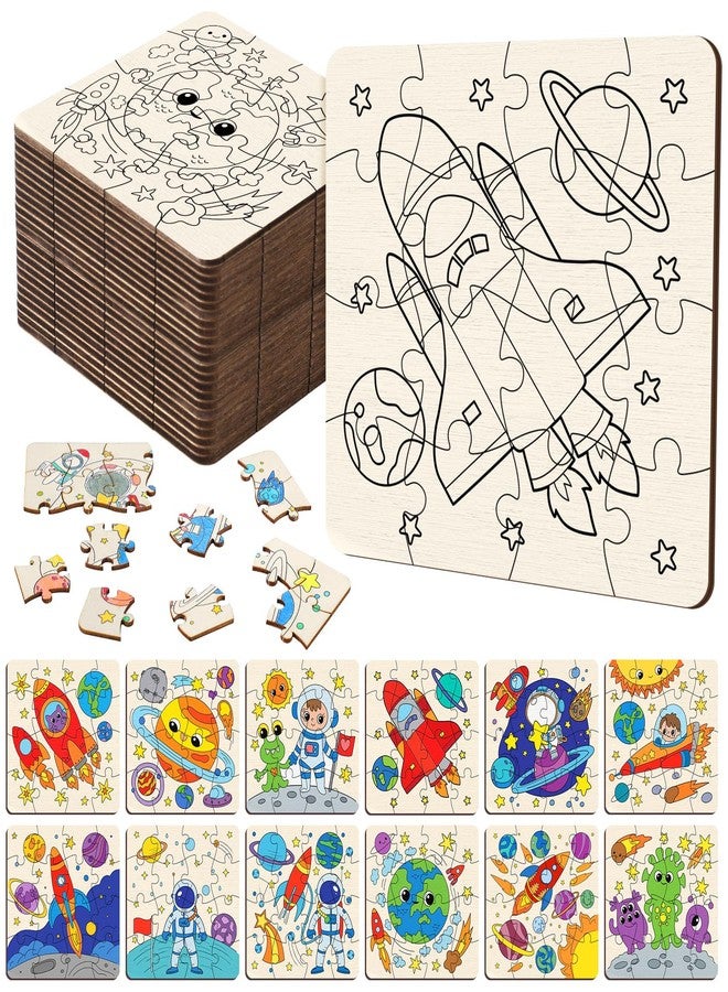 Trnayi 24 Pack Wooden Coloring Space Puzzles for Kids Crafts 3-5, 4-6, 6-8, Color Your Own Crafts Bulk Outer Space Party Favors Gifts for Toddlers Classroom Exchange Activities Educational Game Toy - Image 1