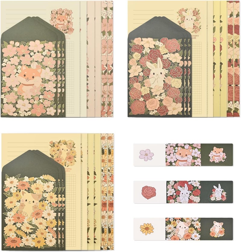 Zikra 36Pcs Stationery Paper and Envelopes Set,   Animal Patterns (Dog, Rabbit, Cat), Love Letter Writing Kit, 18 Paper Sheets + 9 Envelopes - Image 1