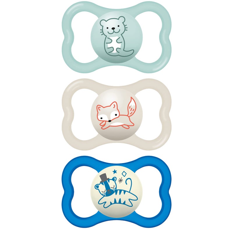 MAM Air Day & Night Baby Pacifier, for Sensitive Skin, Glows in The Dark, 3 Pack, 6-16 Months, Boy - Image 1