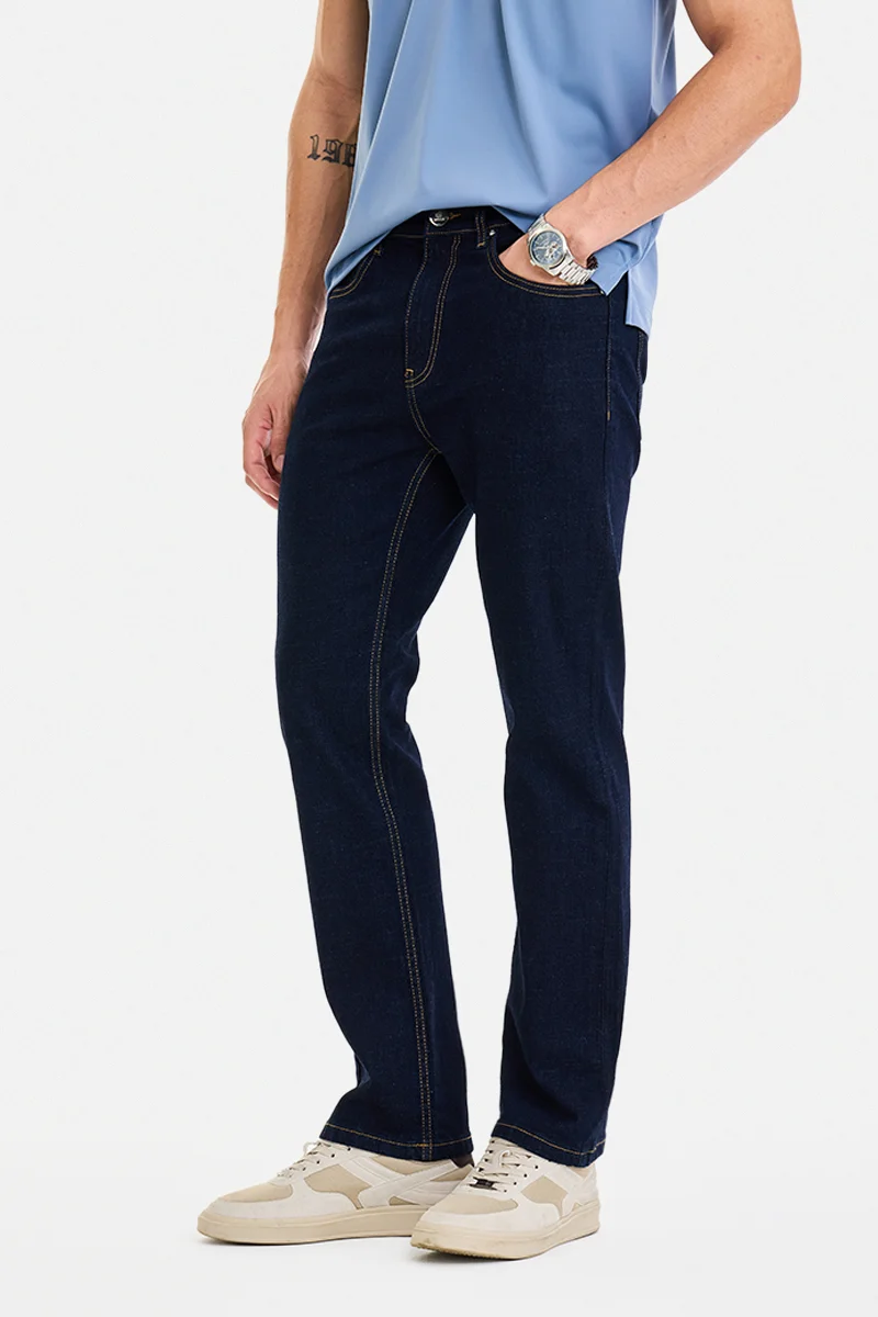 سنيتش Navy Blue Solid Straight Fit Casual Jeans