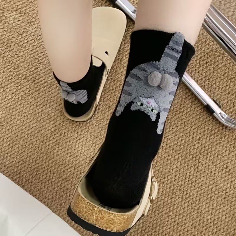 5Pairs Cat Tail Socks for Women Mid Calf Multicolor Black White Yellow Soft Breathable Casual Daily Birthday Gift for Friend - Image 3