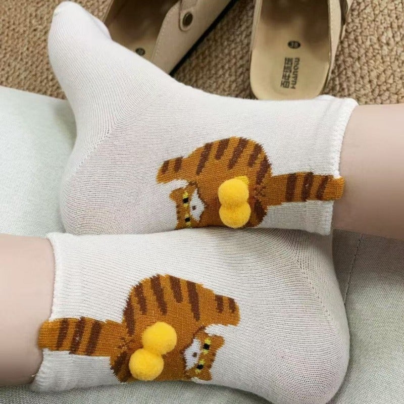 5Pairs Cat Tail Socks for Women Mid Calf Multicolor Black White Yellow Soft Breathable Casual Daily Birthday Gift for Friend - Image 5