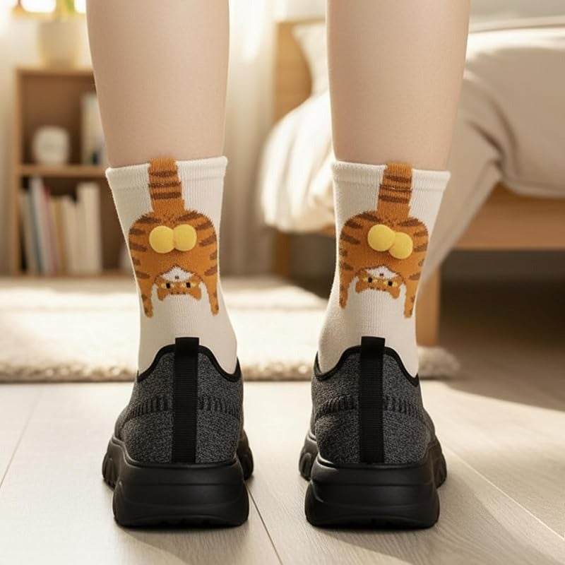 5Pairs Cat Tail Socks for Women Mid Calf Multicolor Black White Yellow Soft Breathable Casual Daily Birthday Gift for Friend - Image 2