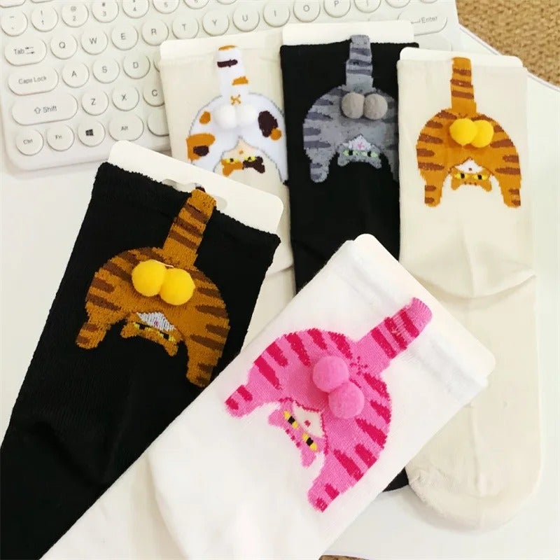 5Pairs Cat Tail Socks for Women Mid Calf Multicolor Black White Yellow Soft Breathable Casual Daily Birthday Gift for Friend - Image 4