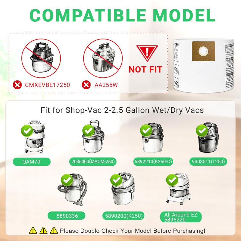 Zibopon 8 Pack 90668 Type B Filter Bags Compatible with Shop Vac 2-2.5 Gallon Wet/Dry Vacuum, All Around QAM70, Part# 90668/549712 9066833 - Image 2