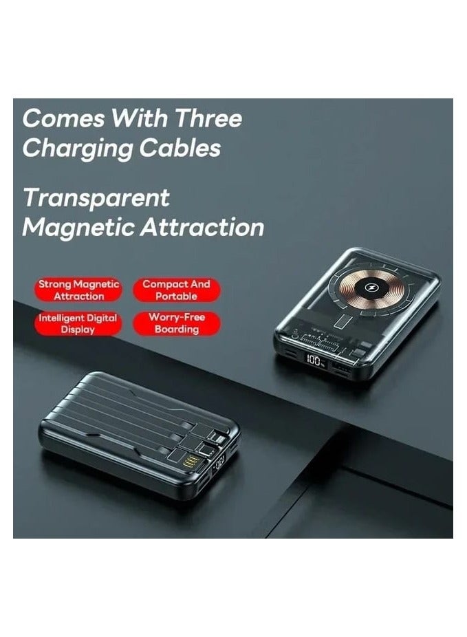 Raxoom Magnetic Wireless Power Bank, 5000Mah 5W Transparent Battery Pack with Fast Charging Built In 3 In 1 Cables Digital Display Lithium Polymer Black - Image 2