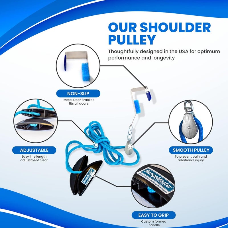 RangeMaster BlueRanger Over the Door Shoulder Pulley, Pulley for Physical Therapy, Aids Pain Free Range of Motion in Frozen Shoulder, Adjustable Cleated Handles, Metal Bracket (FSA/HSA) - Image 2