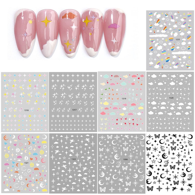 IHUKEIT 9 Large Sheets Starry Sky Star Cloud Wrangler Moon Rainbow Heart Nail Art Stickers for Women Girls Kids3D Self Adhesive Star and Sky Series Nail Decals for Natural Fingernails and Acrylic Nail Decor 