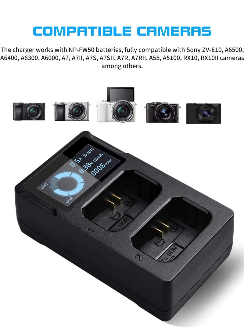 SYOSI - Dual Slot Battery Charger for Sony NP FW50 Batteries for Sony Alpha A6400, A6000, A6300, A6500, A5100, A7, A7II, A7RII, A7SII, A7S, A7S2, A7R, A7RII, A55, RX10 Camera Battery and More - Image 1