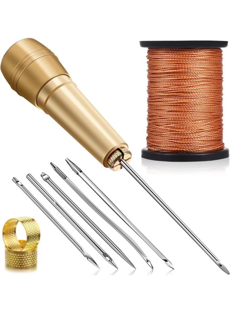 SOLARAE Canvas Leather Sewing Awl Needle, 50 m Nylon Cord Thread, 2 Thimbles With Copper Handle, 6 Awl Needles for Handmade Sewing Tools, Shoe and Leather Repair - Image 1